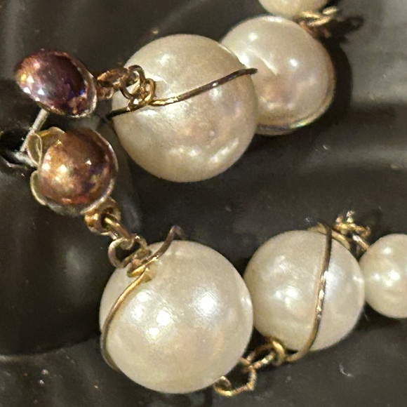 Artisan Pearl Drop Earrings Handcrafted Pierced 3 Pearl Drop Dangling Earrings - Picture 5 of 11